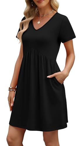 WIHOLL Dresses for Women 2026 Casual Summer V Neck Babydoll Dress Short Sleeve Fashion Beach Vacation Clothes