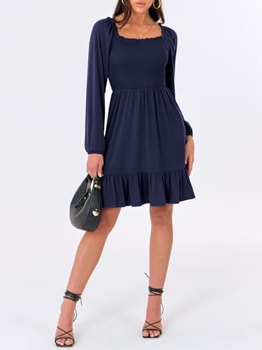 ANRABESS Womens Long Lantern Sleeve Square Neck Dress Smocked Tiered High Waist Ruffle Flowy Swing 2026 Spring Short Dresses