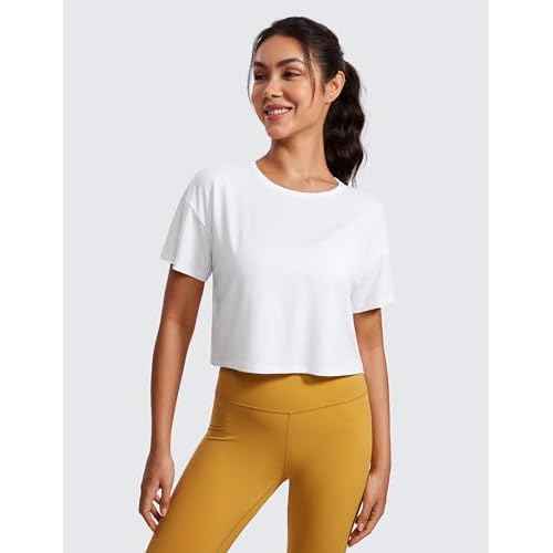 CRZ YOGA Open Back Short Sleeve Crop Top for Women Loose Athletic Yoga Workout Shirts Casual Cropped T-Shirts