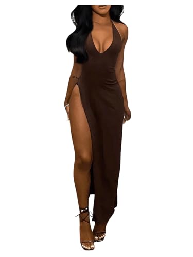 SOLY HUX Women's Halter Maxi Dress Sexy Deep V Neck High Split Backless Sleeveless Bodycon Cocktail Party Long Dresses