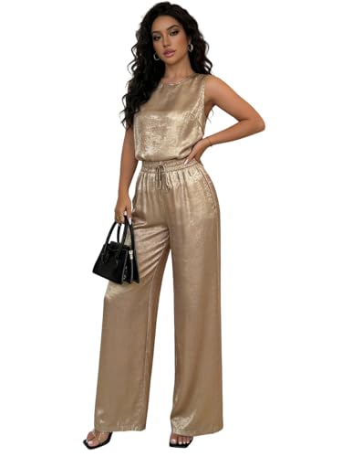 OYOANGLE Women's 2 Pieces Outfits Metallic Cami Top and Loose Wide Leg Pants Party Lounge Sets