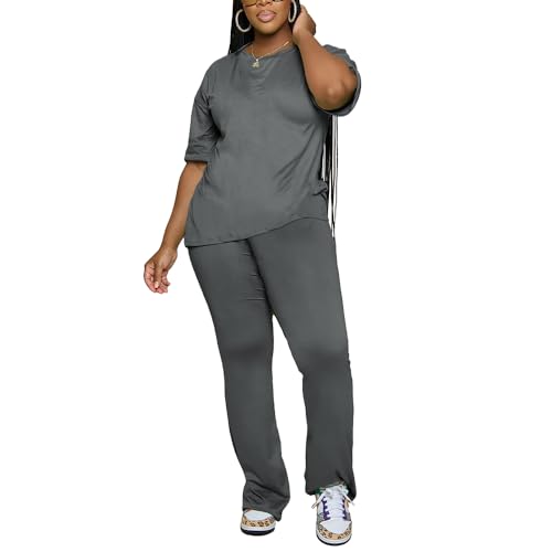 PINSV Women 2 Piece Outfits Short Sleeve Top and Flare Pants Lounge Sets Tracksuit