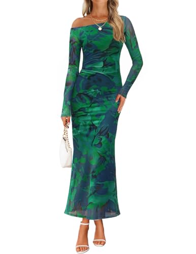 ZESICA Women's Long Sleeve Floral Maxi Dress 2026 Fall Off Shoulder Bodycon Ruched Mesh Cocktail Wedding Guest Dresses
