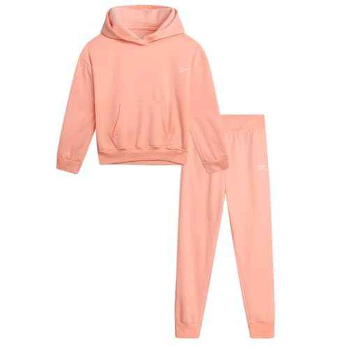 Reebok Girls Sweatsuit Set - 2 Piece Soft Long Sleeve Hoodie Sweatshirt and Sweatpants for Girls - Athletic Sweatsuit, Size 8, Peach