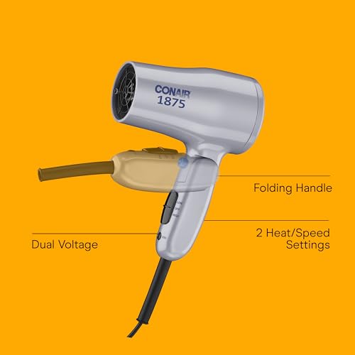 Conair Compact Hair Dryer with Folding Handle, 1875W Travel Blow Dryer with Diffuser and Concentrator Attachments, 2 Heat...