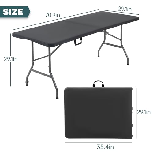 FDW 6 Foot Outdoor Dining Table, Foldable Portable Rectangular Plastic Folding Table with Built in Carrying Handle for Par...