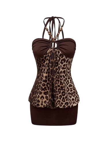 Verdusa Women's Leopard Halter Mini Dress Y2k Western Bodycon Dresses Club Outfits