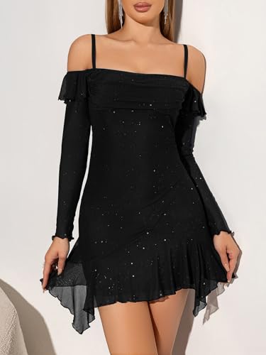 VAFADRESS Womens Sexy Sequin Sparkly Glitter Dress Spaghetti Strap Off Shoulder Party Club Mini Dress