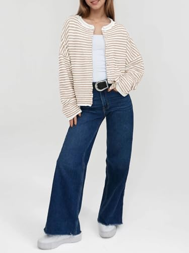 Saodimallsu Womens Striped Cardigan Casual Long Sleeve Open Front Button Down Loose Knit Lightweight Fall Sweaters