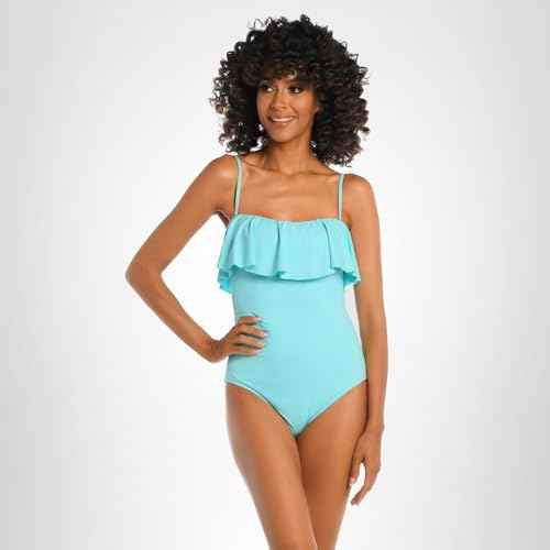 La Blanca Women's Island Goddess Ruffle Bandeau One Piece Swimsuit, Ice Blue, 10