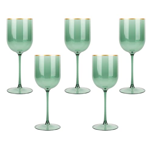 Green Wine Cup with Gold rim Plastic Wine Glasses Set of 10 Elegant Wine Goblets Hard Plastic Champaign Cups on Stem 12 Ou...