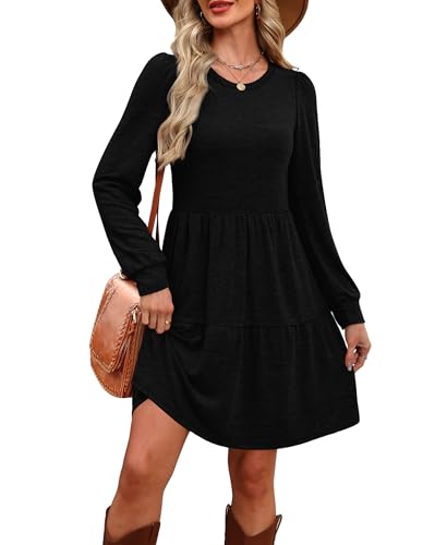 OFEEFAN Womens Long Sleeve Fall Dresses with Pockets Crew Neck Babydoll Casual Winter Dress 2025