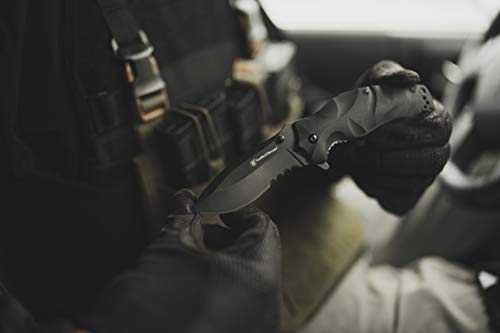 Smith & Wesson Black Ops Recurve 8in S.S. Assisted Opening Knife with 3.5in Drop Point Blade and G10 Handle for Outdoor, T...