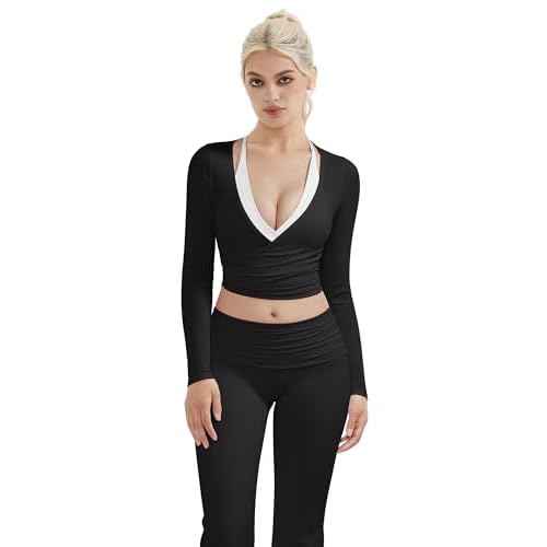 SUUKSESS Women Pilates Wrap Workout Cropped Top Ribbed Long Sleeve V Neck Tie Front Ballet Yoga Shrug Blouse