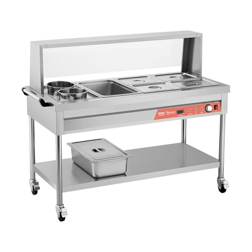 VEVOR Commercial Food Warmer, 5 Pans + 2 Pots Electric Steam Table, 1800W Professional Buffet Catering Food Warmer with Shield Undershelf Wheels, Stainless Steel Server for Party Restaurant Hotel