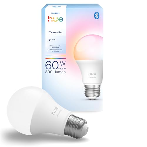 Philips Hue Essential Smart LED A19 Bulb, White and Color Ambiance, E26 Base, 8.8W, 2200K-6500K, 800 Lumens, Dimmable, Works with Alexa, Google, and Apple Home, 1-Pack