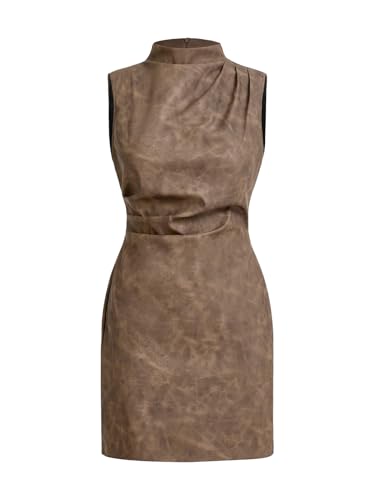 RoseSeek Women's PU Leather Ruched Bodycon Dresses Mock Neck Sleeveless Zipper Mini Tank Dress