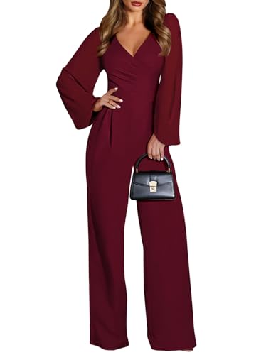 Pink Queen Jumpsuits for Women Dressy Patchwork Chiffon Sleeve V Neck Wide Leg Romper Holiday Party Outfits