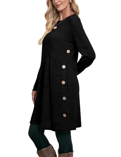 OFEEFAN Long Sleeve Dress for Women Crew Neck Tunic Dress with Pockets Buttons Side