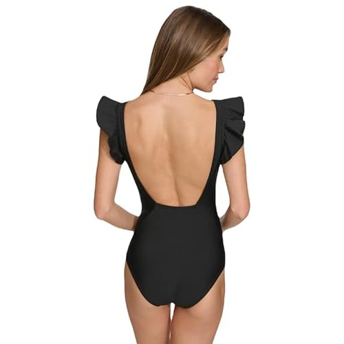 DKNY Women's Ruffle Shoulder V-Neck One Piece Swimsuit with Tummy Control