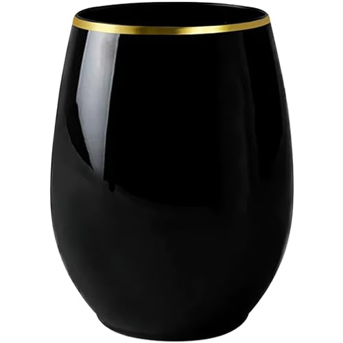 Black Stemless Plastic Wine Glasses With Gold Rim Design (12 Oz.) - Pack Of 16 - Disposable & Chic, Perfect For Parties, W...