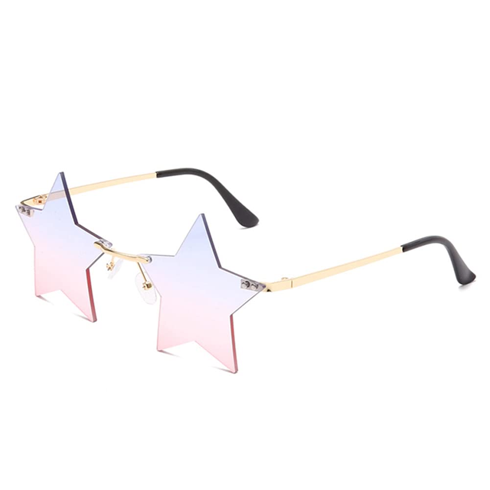 Star Rimless Sunglasses Women/Men Unique Pentagram Party glasses Prom Streetwear (pink/blue)