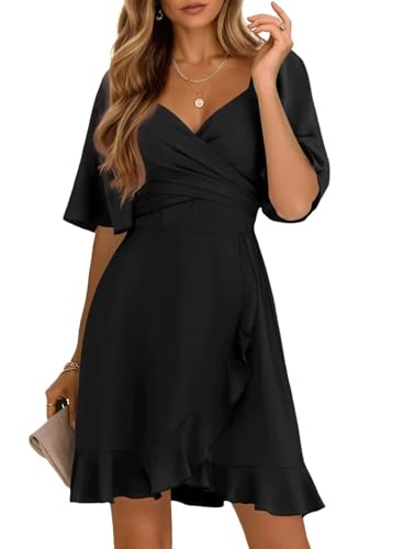 Dokotoo Women's Wrap V Neck Short Flared Sleeve Wedding Guest Dress Smocked Elastic Waist Tiered Belted Ruffle Hem Mini Dress
