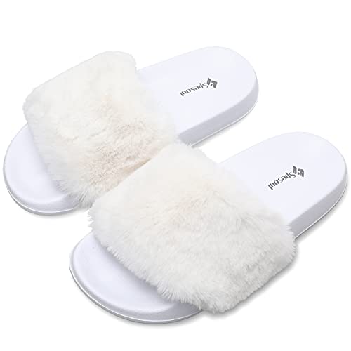 Spesoul Womens Fuzzy Slides Open Toe Furry Slide Slippers Indoor Outdoor Slides Sandals Casual Flat Fluffy House Slippers