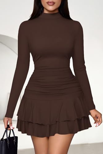 PRETTYGARDEN Womens Spring Long Sleeve Dresses 2026 Mock Neck Ruched Y2K Clothes Ruffle Layered Bodycon Mini Party Dress