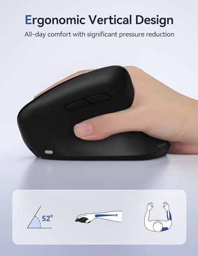 TECKNET Ergonomic Mouse, Wireless Vertical Mouse, 4800 DPI, Rechargeable Bluetooth Mice for Carpal Tunnel Right Hand, 3-De...