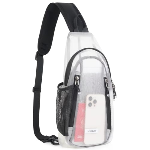 TITECOUGO Clear Sling Bag, Switchable Right or Left Strap, Transparent Mesh – Stadium Approved (Check Venue Policy)
