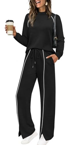 WIHOLL Lounge Sets for Women 2 Piece Fall Outfits 2025 Wide Leg Pant Matching Sets Womens Clothing