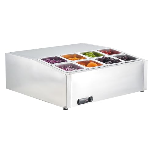 VEVOR Refrigerated Condiment Prep Station, 150 W Countertop Refrigerated Condiment Station, with Eight 1/6 Pans, 304 Stainless Body and PC Lid, Sandwich Prep Table, for Restaurant & Food Stall