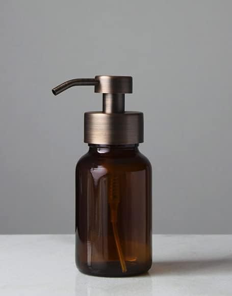 Rail19 Amber Glass Apothecary Foaming Soap Dispenser with Metal Pump - for Kitchen and Bathroom Countertop, 8.5oz (Copper)