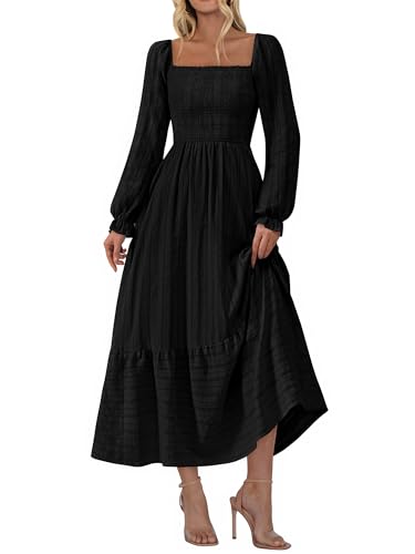 BTFBM Women Maxi Fall Dresses 2025 Long Sleeve Solid Color Square Neck Smocked Boho Long Wedding Guest Dress