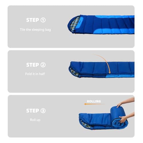 Cotton Flannel Lined Sleeping Bag for Adults Teens Kids, Cold Weather &Warm, 3 Seasons, Lightweight Compact Camping Essent...