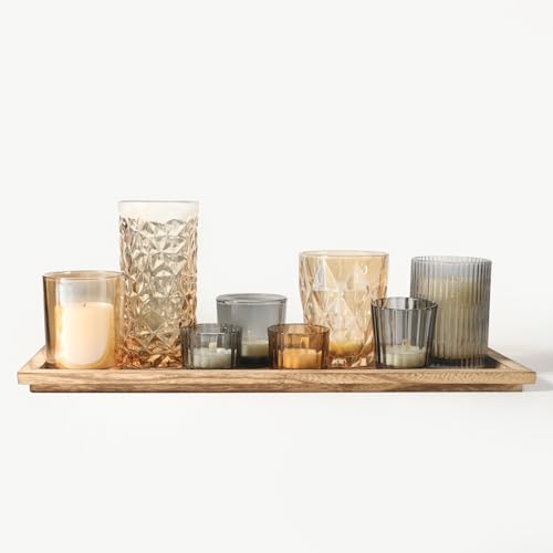 Rustic Wooden Tray with 8 Brown Glass Votive Candle Holders, Decorative Tea Light Holder Set for Mantel, Centerpiece, Dini...