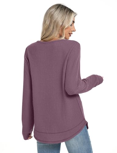 WIHOLL Tunic Tops for Women Loose Fit Dressy Waffle Knit Long Sleeve Shirts Trendy Fall Fashion Crewneck Sweaters Curved Hem
