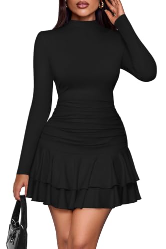 PRETTYGARDEN Womens Spring Long Sleeve Dresses 2026 Mock Neck Ruched Y2K Clothes Ruffle Layered Bodycon Mini Party Dress