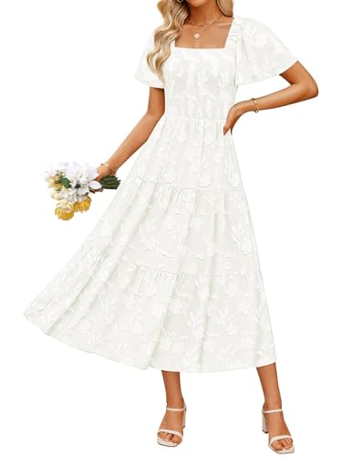 ZESICA Women‘s Summer Boho Floral Midi Dress 2026 Casual Short Sleeve Square Neck Flowy Beach Vacation Long Dress
