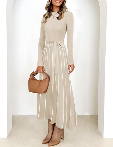 ZESICA Womens 2026 Spring Turtleneck Long Sleeve Sweater Dress Tie Waist Casual Loose Ribbed Knit A Line Midi Dresses