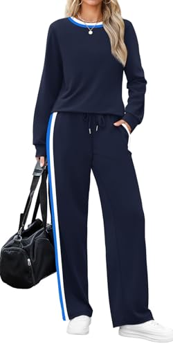 WIHOLL 2 Piece Lounge Sets for Women Long Sleeve Tops Wide Leg Sweatpants Sweatsuits with Pockets