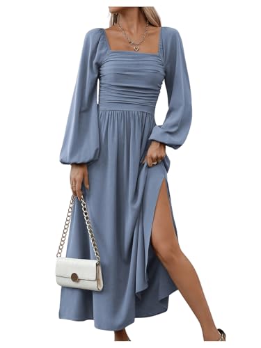 Floerns Women's Square Neck Lantern Long Sleeve Dress Split Ruched Party Midi Dresses