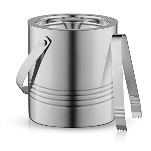 JoyJolt Metal Double Wall Ice Bucket with Lid, Ice Tongs and Strainer. 3L Insulated Ice Bucket for Cocktail Bar, Wine, Hom...