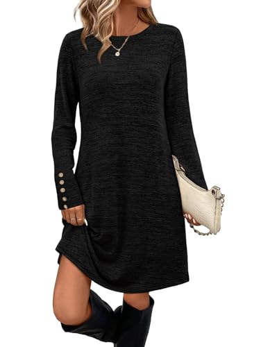 OFEEFAN Long Sleeve Dress for Women Crew Neck Tunic Dress with Pockets Decorative Buttons