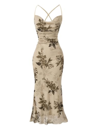 SOLY HUX Women's Floral Mesh Bodycon Cami Dress Cowl Neck Sleeveless Cocktail Party Wedding Guest Long Maxi Dresses