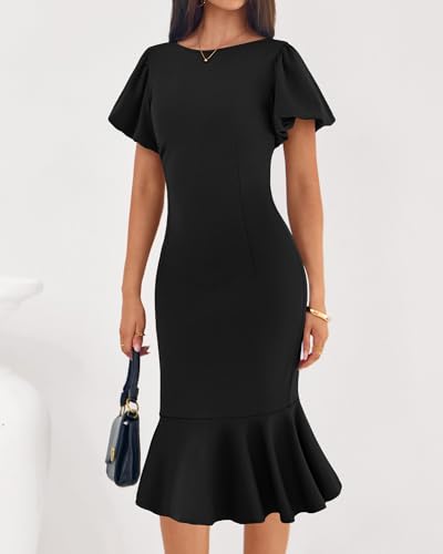 BTFBM Women Formal Wedding Guest Cocktail Dresses 2026 Short Sleeve Ruffle Mermaid Work Bodycon Elegant Midi Summer Dress