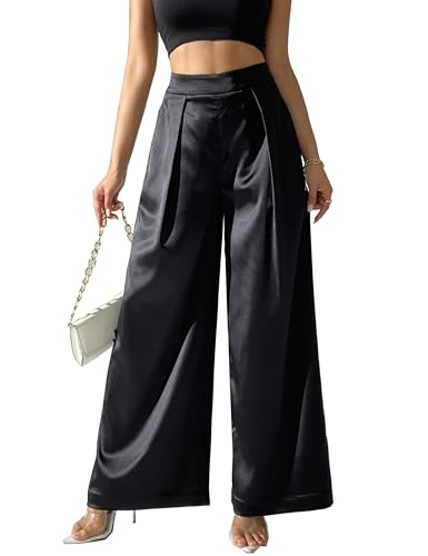 Women's Satin Wide Leg Palazzo Pants Plicated Silky Pull on Party Dress Casual Pant Trouser