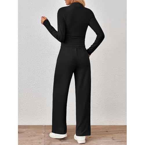 Trendy Queen Womens 2 Piece Matching Lounge Set Mock Turtleneck Top Wide Leg Pants Casual Sweatsuit with Pockets