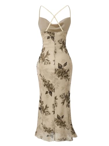SOLY HUX Women's Floral Mesh Bodycon Cami Dress Cowl Neck Sleeveless Cocktail Party Wedding Guest Long Maxi Dresses